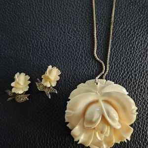 Ivory carved rose pendant and earrings